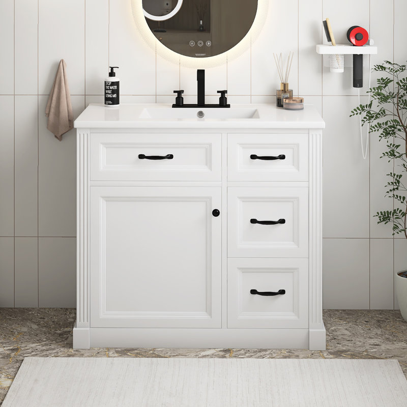 Meuble-lavabo moderne avec lavabo, armoire avec 4 tiroirs, porte à fermeture en douceur et tablette réglable, lavabo en céramique, finition blanche