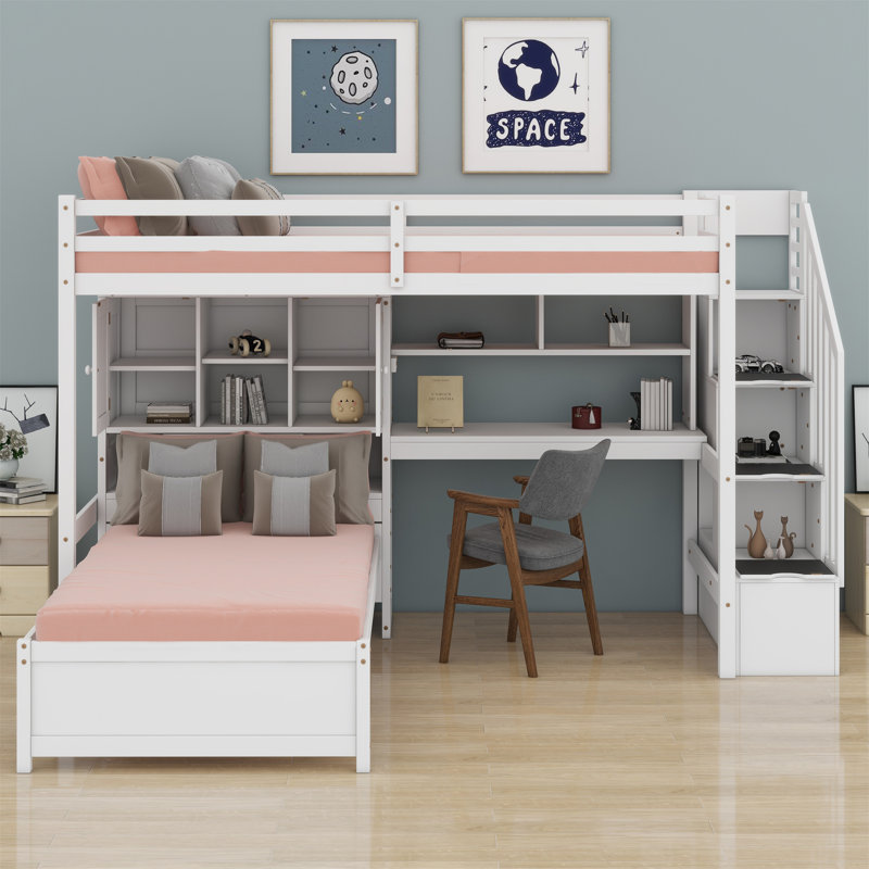 Lit mezzanine avec bureau intégré, escalier, compartiments de rangement et tablettes, Blanc