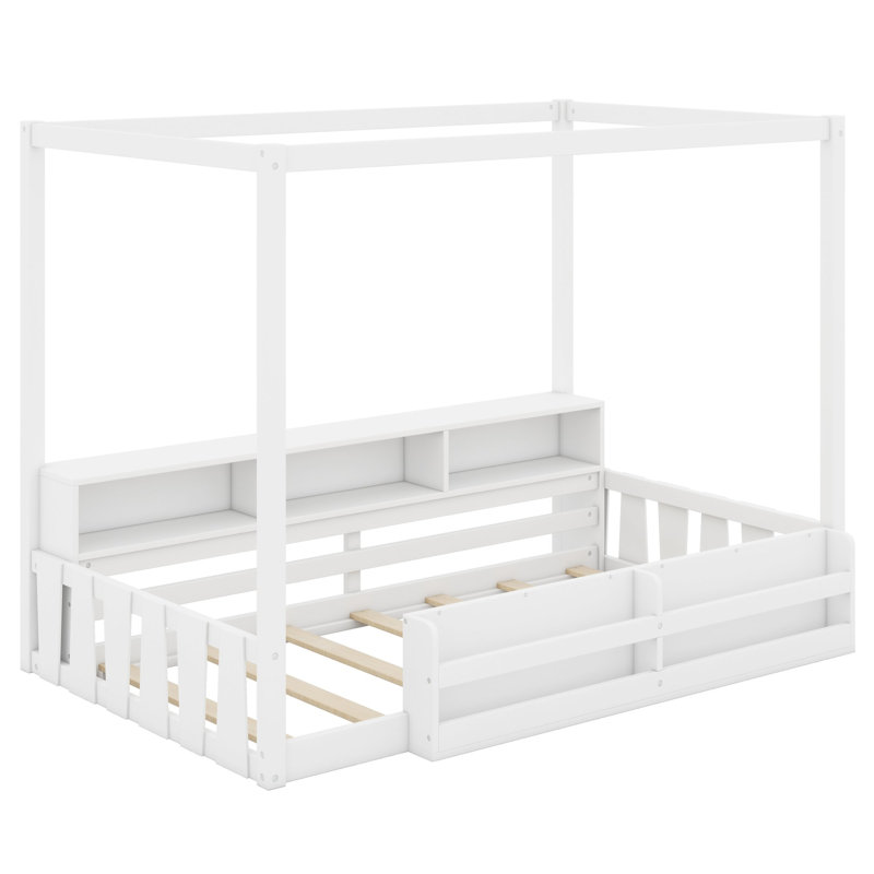Lit Montessori au sol avec barrière, étagère et cadre de lit à baldaquin pour un montage facile et un rangement polyvalent pour la chambre