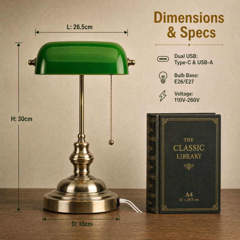 Lampe de table en verre vert avec 2 ports de charge USB et lampe de table rétro classique