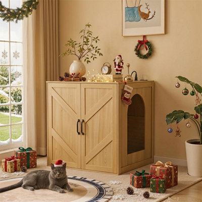 29.92"W Cat Litter Box Enclosure, Litter Collector for Self Cleaning Litter Box, Large Farmhouse Automatic Litter Robot Enclosure with Power Outlet, Magnetic Door, Natural