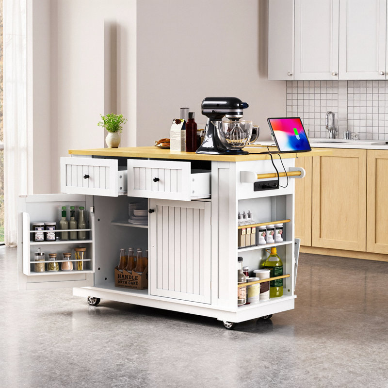 Barre de petit-déjeuner à abattant en forme de losange écrasé, alimentation 3-AC / 2-USB intégrée, supports à épices en bambou, 5 roulettes dissimulées, plateau supérieur de 440 lb