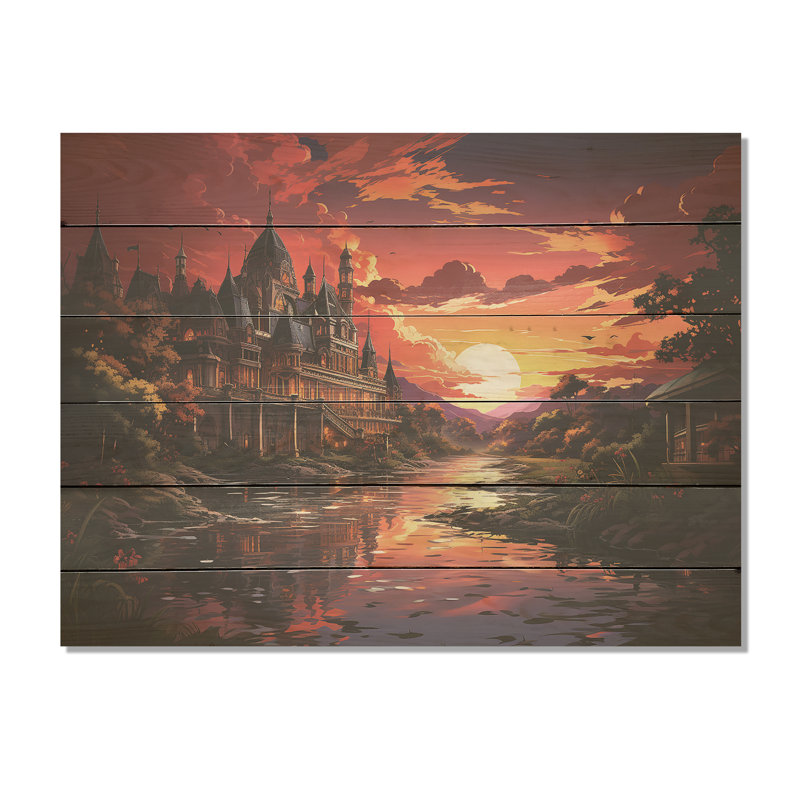 Mystérieux château avec coucher de soleil croal - Châteaux, art mural sur bois de pin naturel, H 10 po x l 20 po