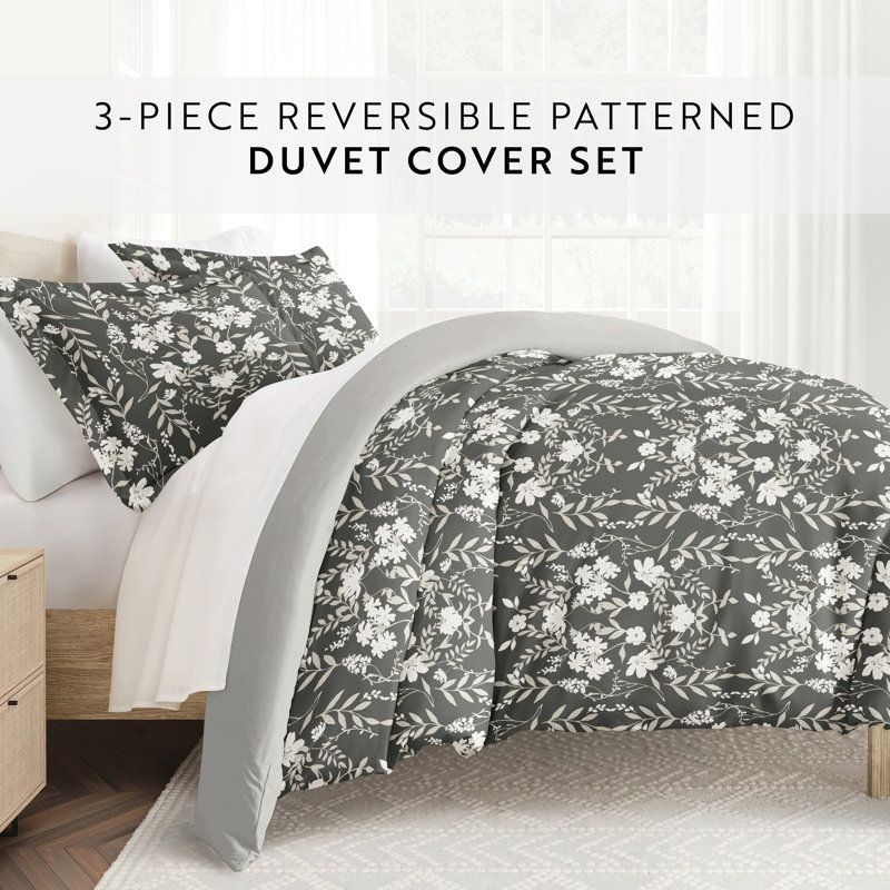 Black Floral Reversible Microfiber Full/Queen Duvet Cover Set
