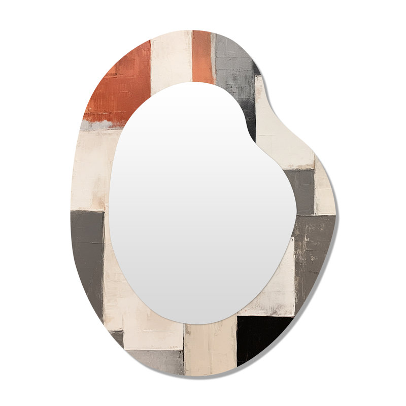 «Earthy Abstraction Cubist Modernism Beige Brown» - peinture abstraite, miroir décoratif de forme irrégulière, miroir mural asymétrique moderne, impression d'art en métal