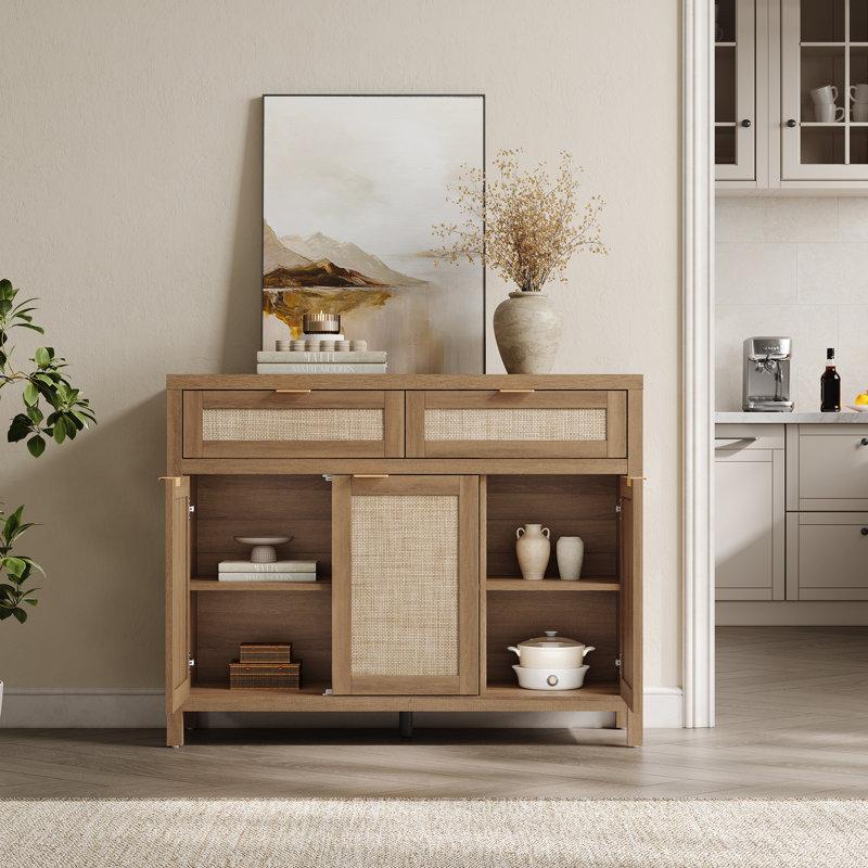 43.39'' W 2-Drawer And 3-Door Rattan Sideboard With Adjustable Shelves, Caramel Oak