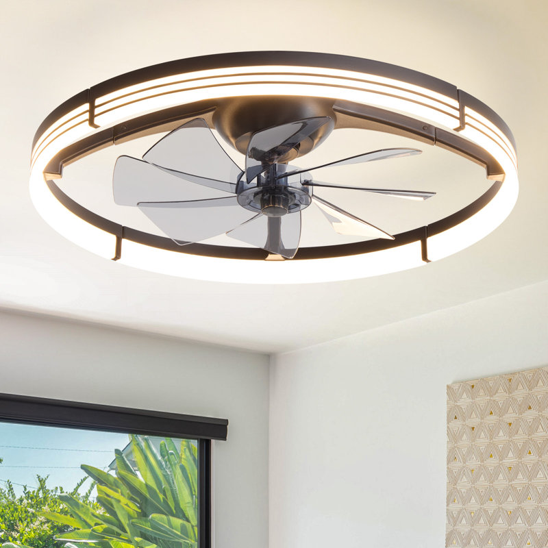 24'' Flush Mount Dimmable Ceiling Fan With LED Lights Bedroom Ceiling Fan, Black
