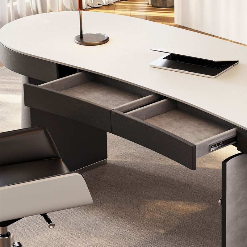 Bureau de direction blanc en pierre courbée avec tiroirs, 30,71 po H * 70,87 po L * 31,5 po P, Gauche