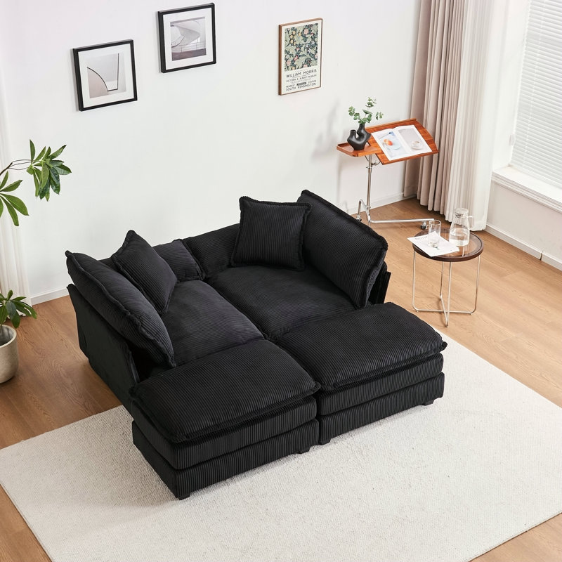 Canapé 2 places en velours côtelé avec coussins et repose-pieds en velours côtelé pour un confort maximal dans les salons, noir