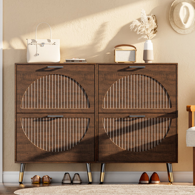 Armoire à chaussures en rotin avec 2 tiroirs rabattables et tablettes réglables, organisateur de chaussures étroit avec panneau cannelé, armoire à chaussures autoportante pour couloir