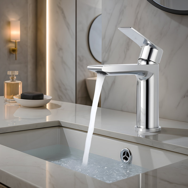 Robinet pour salle de bain à poignée simple Blossom - Nickel brossé, fabrication en laiton massif, fixation à un trou, comprend des conduites d'alimentation en eau