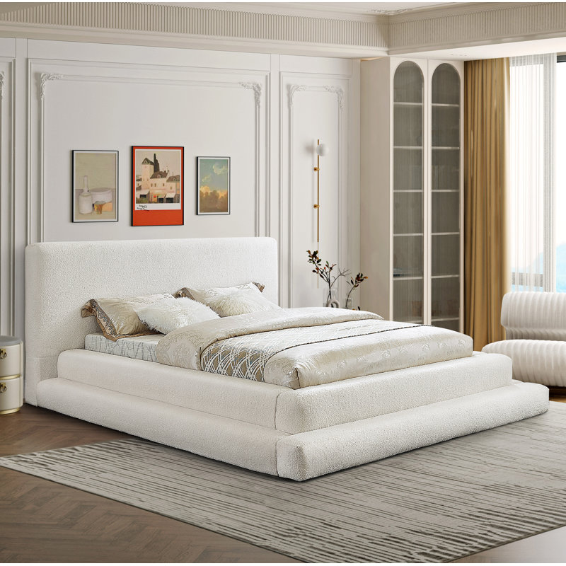Hoffarth Upholstered Platform Bed, King, Cream Faux Shearling Teddy Fabric