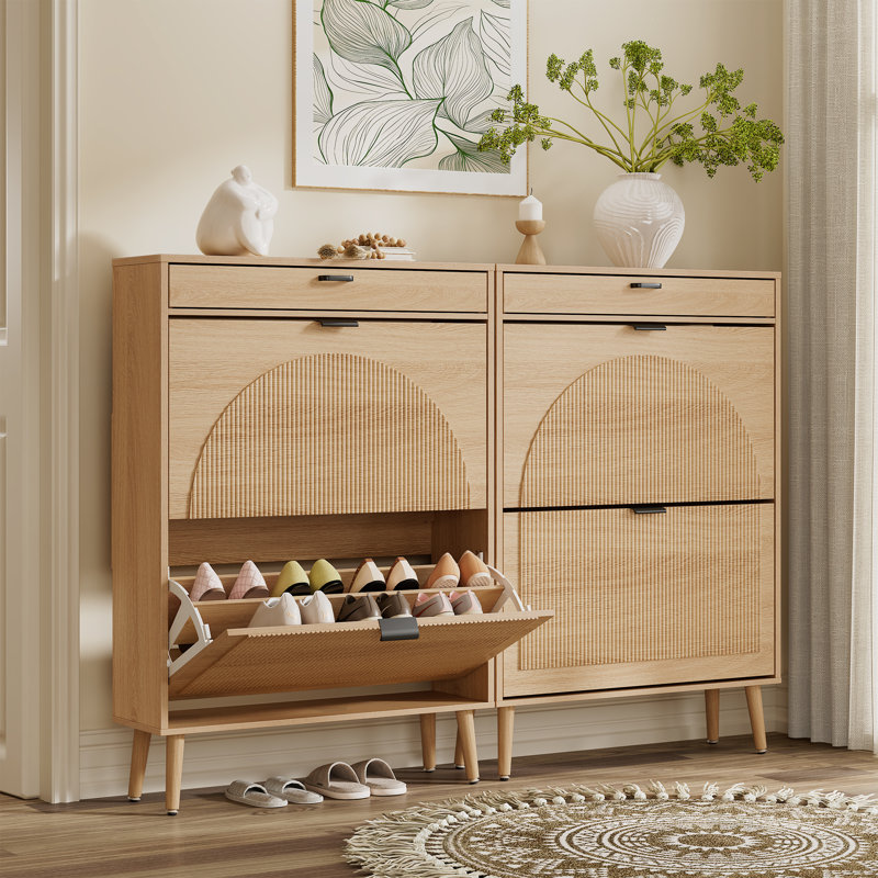 Designer Curved Three-dimensional Texture Fluted Panel Shoe Storage Cabinet, Nature