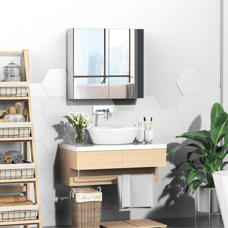24"x22" Bathroom Cabinet, Steel Frame With Double Doors And Mirror For Primer, White Lotion,