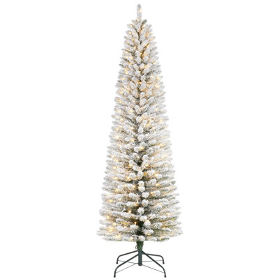 7.5 FT Christmas Tree,Pencil Artificial Tree with Prelit Branch Tips, Snow Flocked Slim Design, Warm White LED Lights & Foldable Stand, Easy Assembly for Home, Office, Apartment
