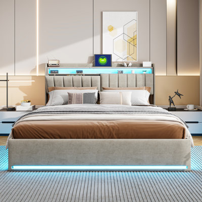 Hydraulic Lift Up Beds, Upholstered Double Bed Frame With Storage And Headboard, Velvet Fabric Platform Bed With LED Lights And Charging-Port For Bedroom, Grey(European Plug, 160X200cm)