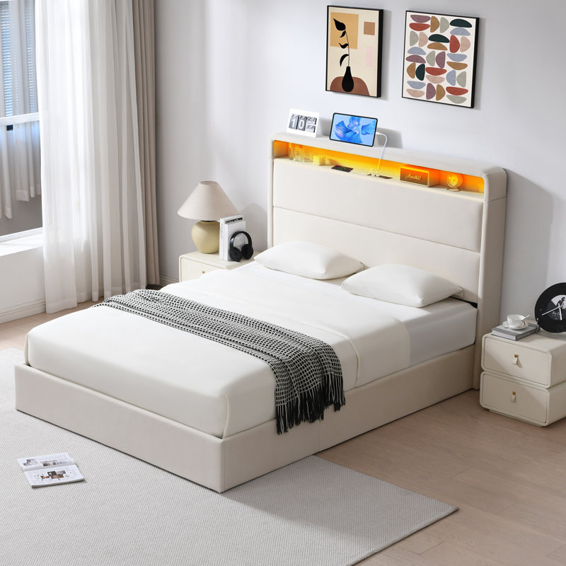 Lit plateforme tapissier avec rangement Braya, Double, White