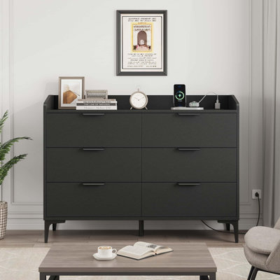 47.2-Inch Wide 7-Drawer Dresser in Natural Oak - Wood Storage Cabinet with Power Outlets for Living Room, Bedroom or Entry Area