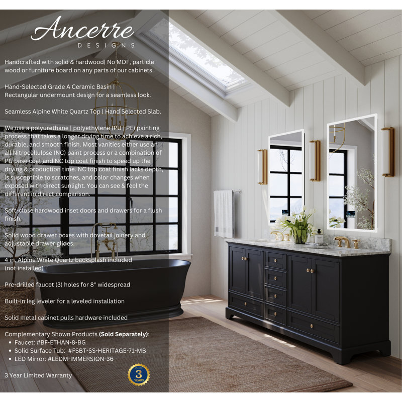Audrey 72'' W Double Vanity, Black Onyx | Brushed Gold