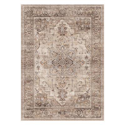 Tapis doux délavé à la machine à motif de médaillon vieilli rétro pour le salon, la chambre à coucher avec envers antidérapant de couleur taupe / brun