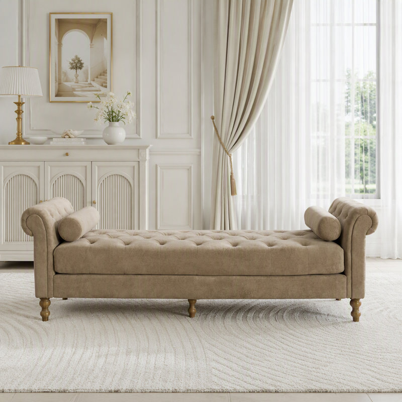 Banc rembourré avec accoudoirs et 2 traversins, Chenille taupe