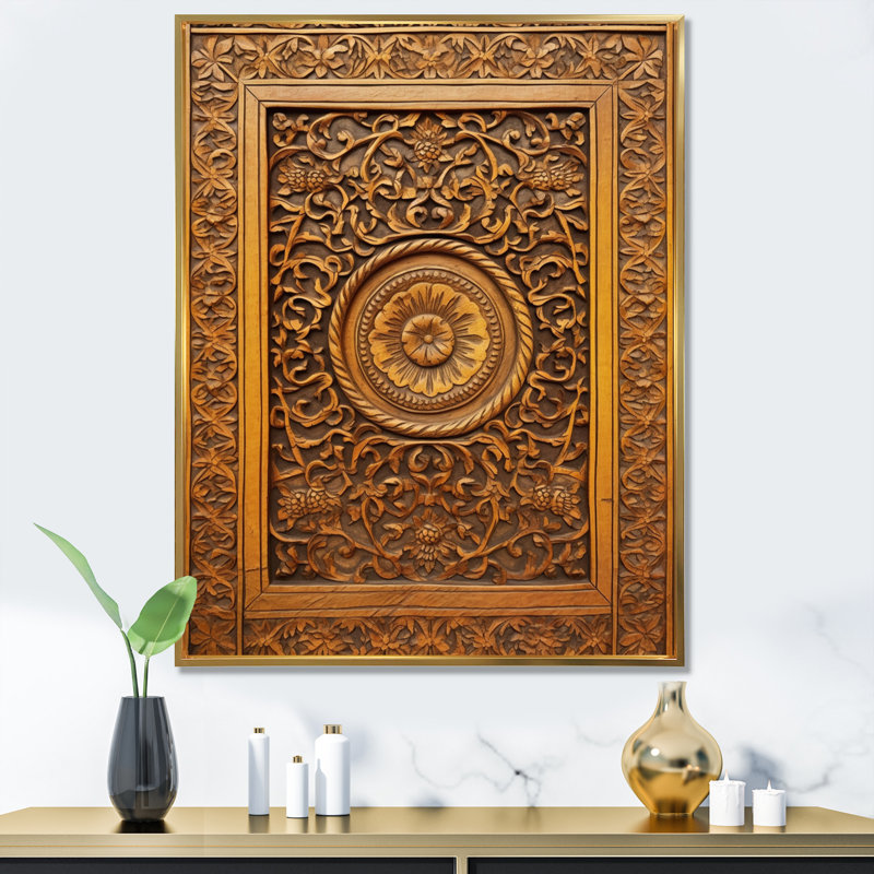 Vieille porte en bois sculpté Xi sur toile, H 32 po x l 16 po x P 1 po, Cadre flottant doré