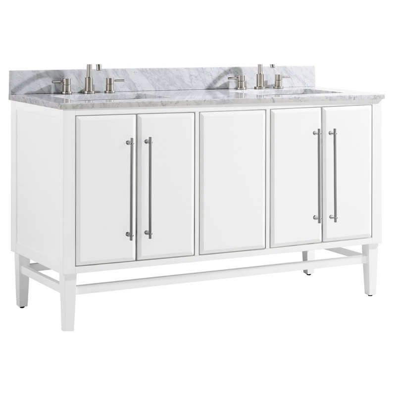Ewen 61'' Double Bathroom Vanity with Marble Top, Brushed Silver, Carrara White, White