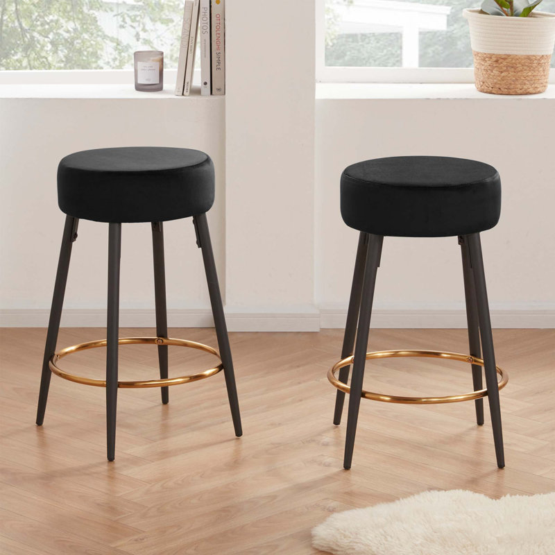 Seattle 14" W Velvet and Iron Bar Stool, Counter Stool (24" Seat Height), Black