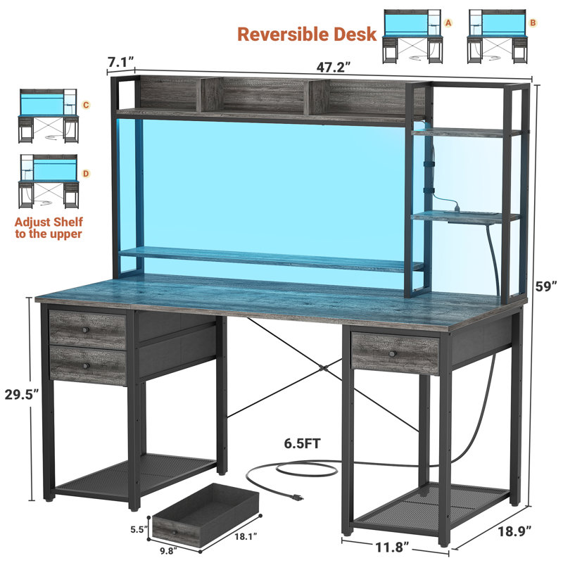 Bureau d'ordinateur avec huche, tablettes de rangement, prises de courant et lumières DEL, Gris / Noir