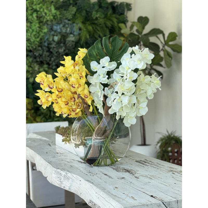Moon Vase With Yellow Cymbidiums And White Vandas, Yellow