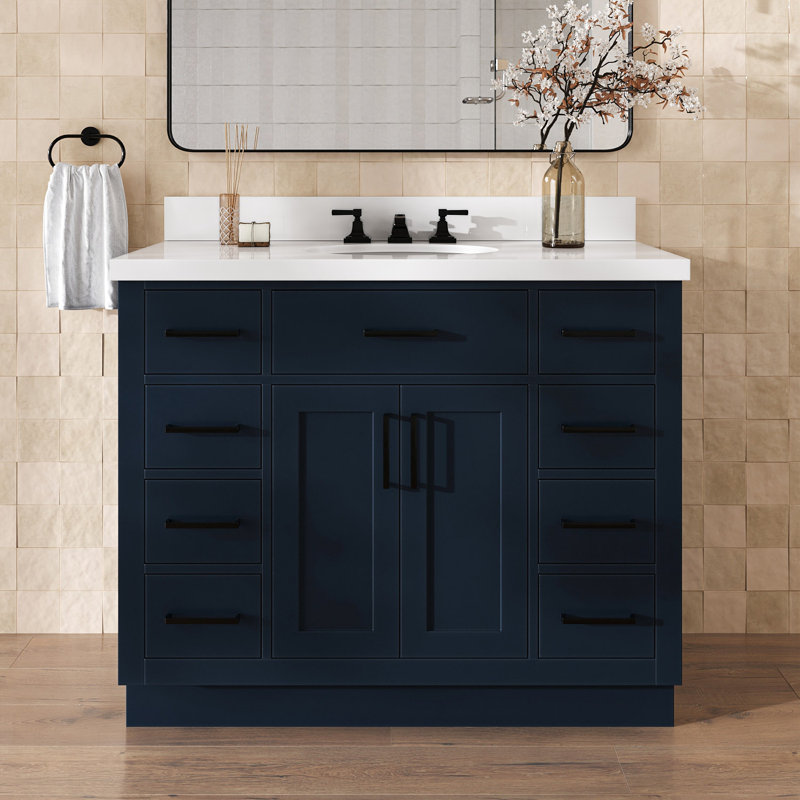 Tidworth 42'' Solid Wood Single Bathroom Vanity with 1.5'' White Quartz Top, Midnight Blue / Matte Black, Oval