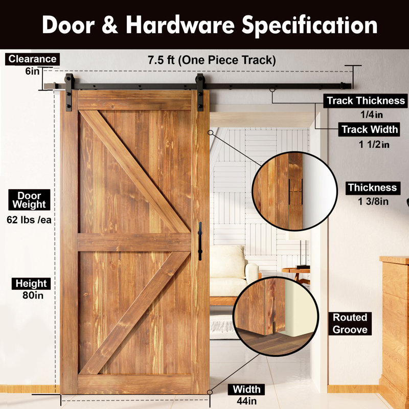Porte en bois de pin massif 5-en-1 de conception 80 po avec quincaillerie d'installation rustique noire 5 en 1, 44 po x 80 po