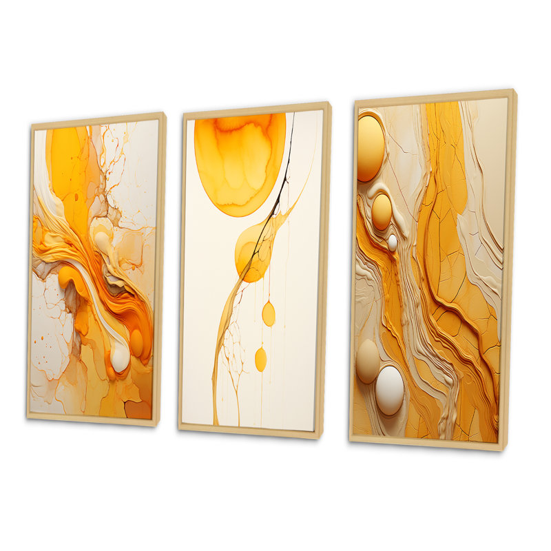 " Undefined Continuation Liquid Waves Yellow " 3 - Pieces, Natural Floater Framed, 32" H x 48" W