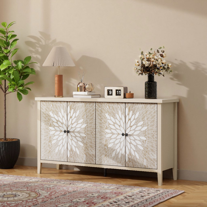 4-door Sideboard With Adjustable Shelves And Exquisite Creative Carving, Natural