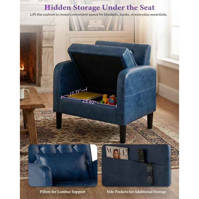 Faux Leather Tufted Accent Chair With Hidden Storage, Blue