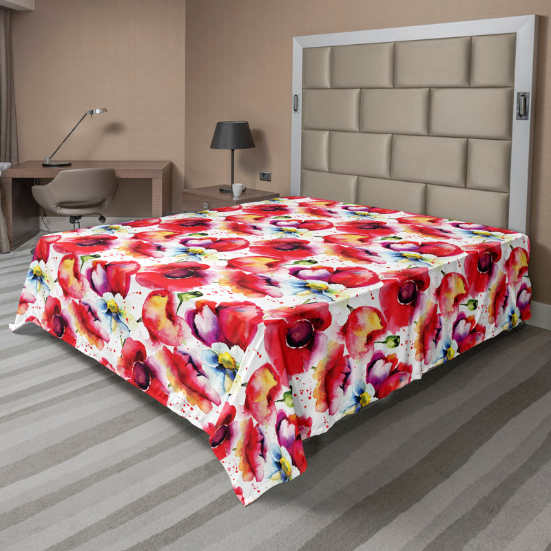Ambesonne Top Flat Sheet Curving Art, King Flat Sheet, Blue Red Floral