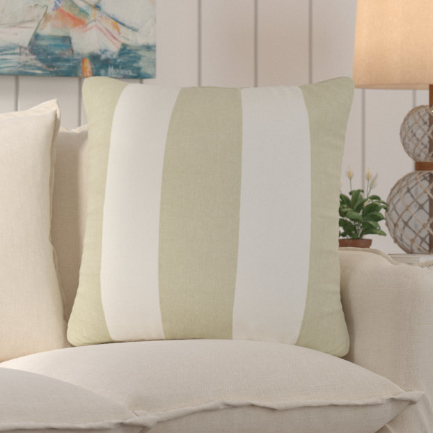 Sally Striped Feather Linen Throw Pillow, 18" x 18", Sage/Green