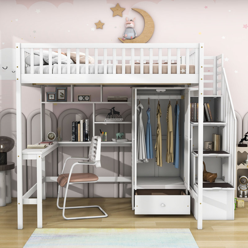Kuster Wood Loft Bed with Drawers, Desk, Wardrobe and Storage Shelves, Espresso, Full / Double