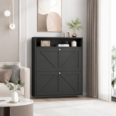 Wall Mounted Metal Shoe Cabinet with 2 Flip Drawers, Narrow Slim Design for Efficient Entryway Storage, Black
