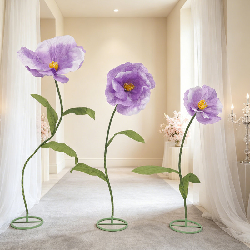 Ensemble de 3 grandes fleurs artificielles autoportantes pour la décoration de mariages et de fêtes., Purple