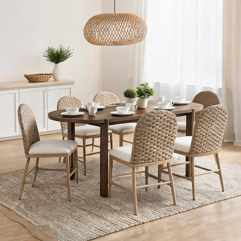Ensemble de salle à manger ovale 7 pièces avec 6 chaises, table en bois massif brun pour 6 à 8 personnes, style maison de campagne