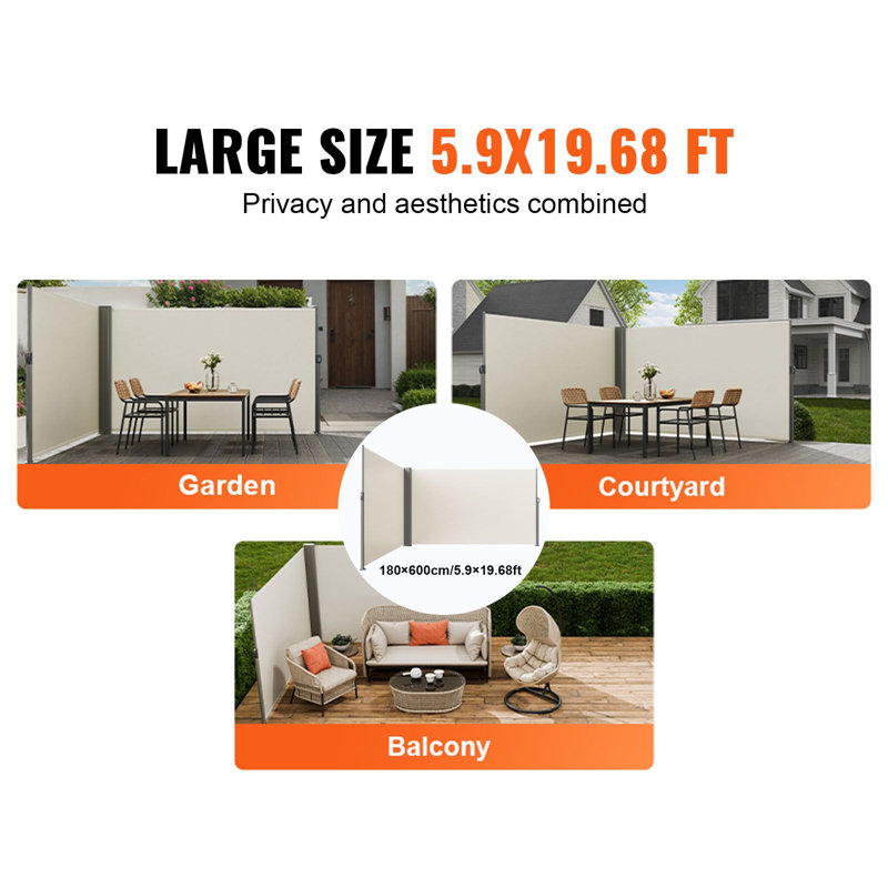 Auvent rétractable latéral, 71 x 236 po, tissu en polyester 280 g, 1 pièce, écran d'intimité, beige, imperméable et protection UV