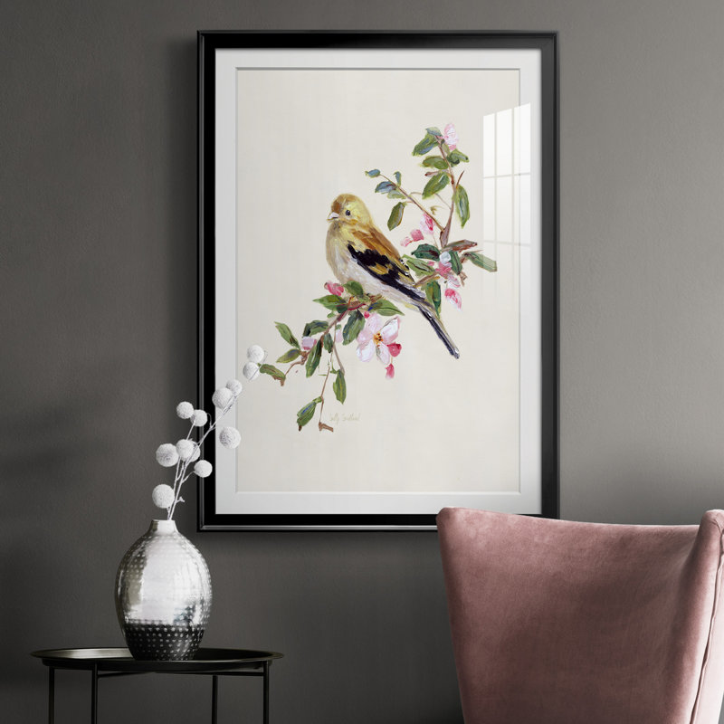 Spring Spring Pine Grosbeak - peinture encadrée, H 30,5 po x l 42,5 po x P 1,5 po, Noir