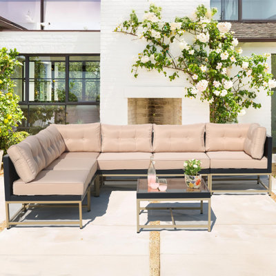 Ensemble de meubles de patio 7 pièces, canapé modulaire d'extérieur en osier avec pieds dorés