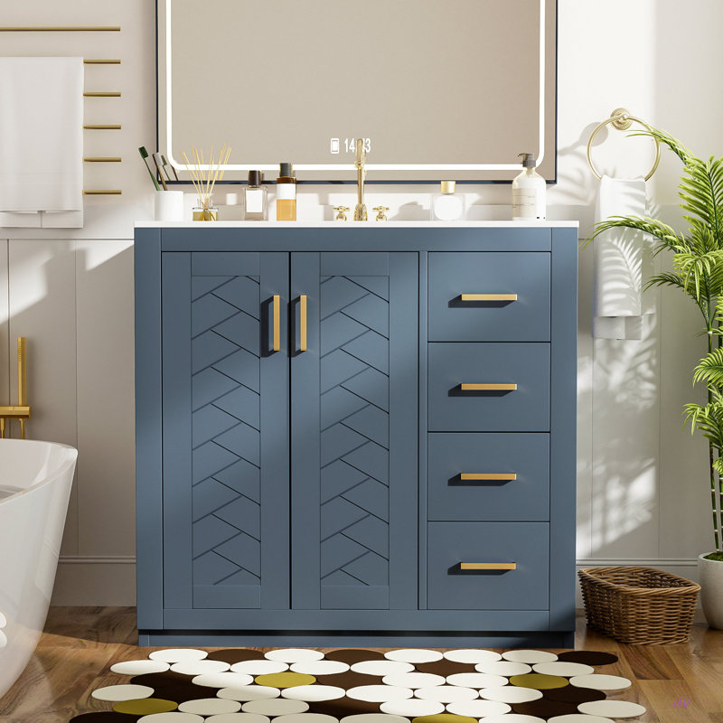 Ensemble de meuble-lavabo 36 po avec lavabo en céramique, armoire de rangement en bois massif, ensemble de meuble-lavabo autoportant avec 3 tiroirs et portes à fermeture douce