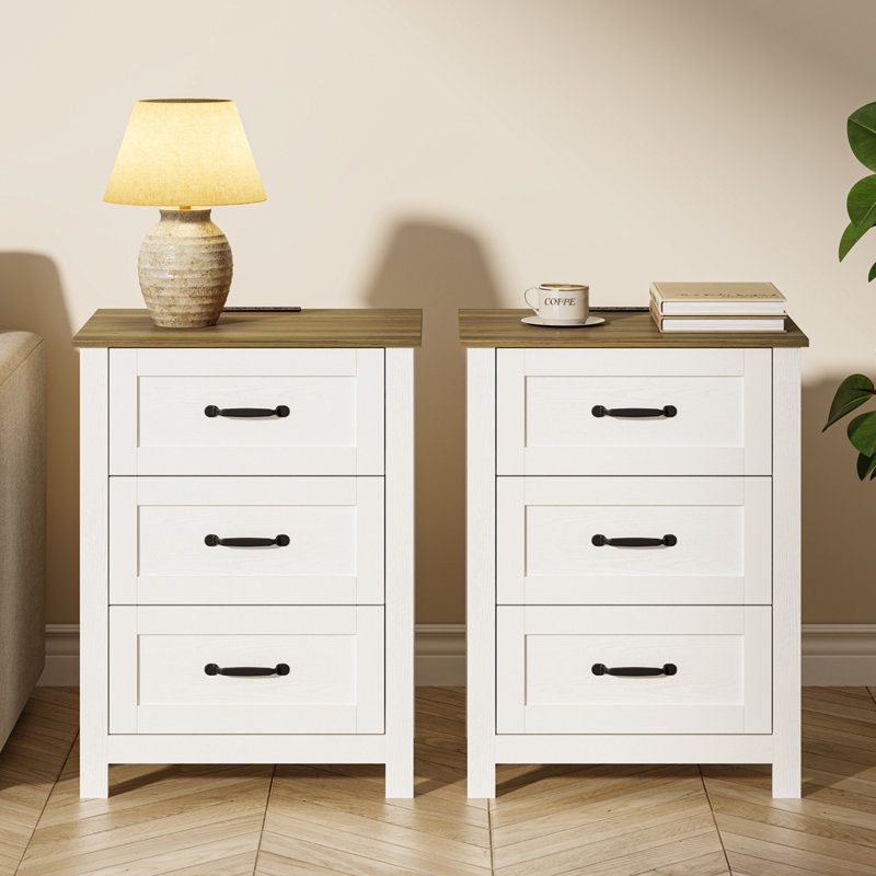 Ensemble de 2 tables de chevet en chêne blanc et rustique avec station de chargement intégrée et tiroir caché, 2pc