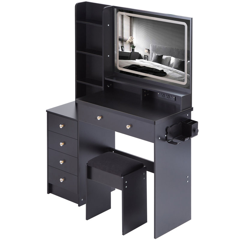Ensemble de coiffeuse de chevet + commode avec tabouret coussiné, 2 blocs d'alimentation AC + 2 USB, support pour séchoir à cheveux, miroir à DEL tactile très grand, interrupteur 3 couleurs, certificat EPA, GCC, UL