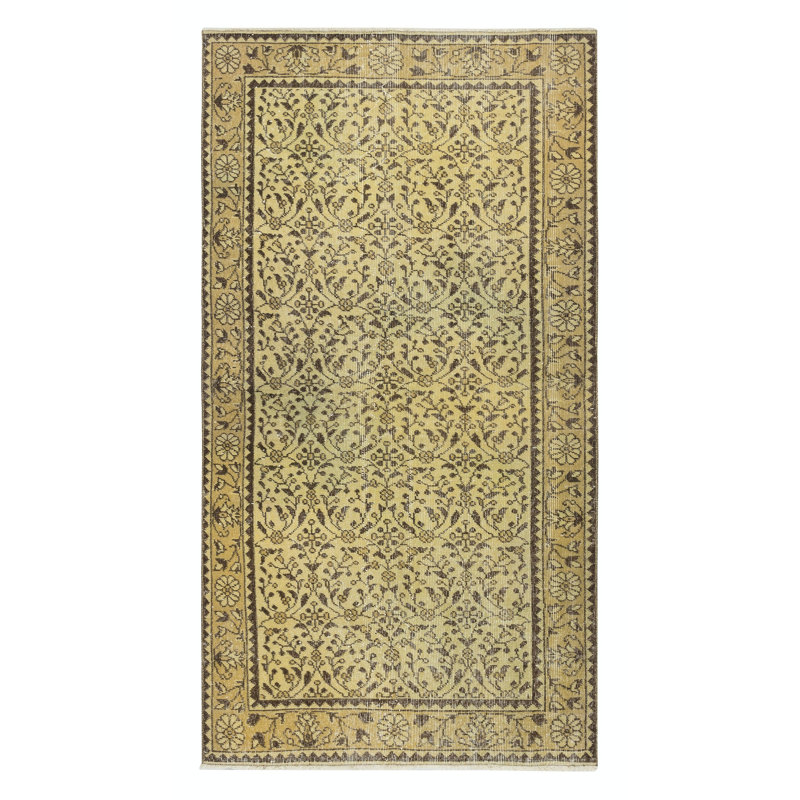 3.7x7 Ft Modern Handmade Turkish Wool Area Rug in Yellow with Floral Design