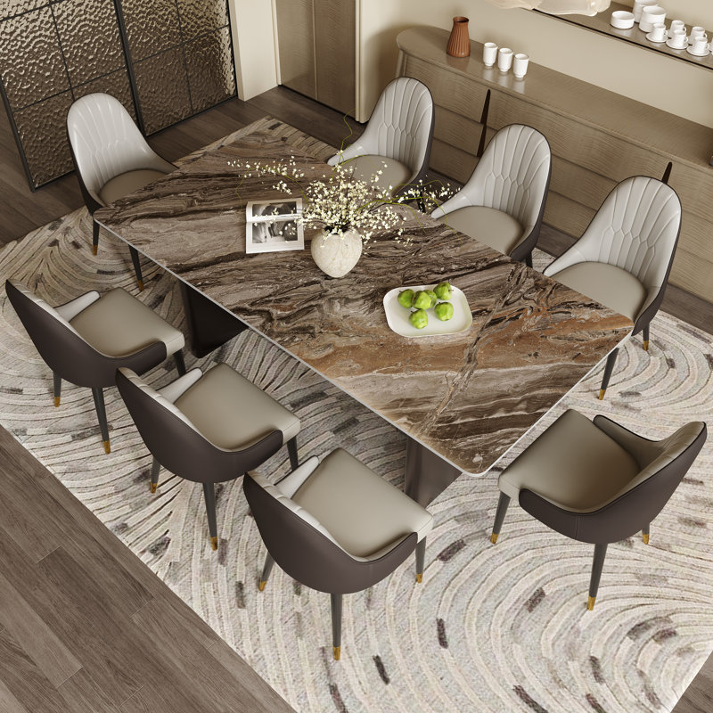 Ensemble de table de salle à manger moderne en pierre frittée avec 8 chaises en similicuir