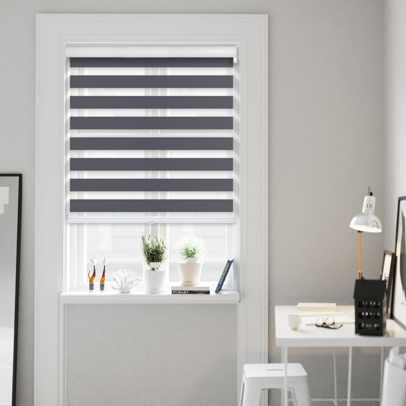 Custom Cordless Zebra Roller Shades – Premium Dual Layer Sheer and Solid Fabric Stripes - Light Filtering and Room Darkening